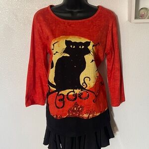 🐈‍⬛Med. Black Cat Sequined Novelty T. 100% cotton❤️ Pit-to-Pit=20.25 inches